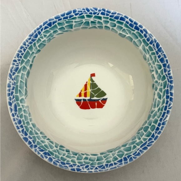 Child Sailboat Lighthouse Dinnerware Set Plate Bowl Mug Blue Nautical Mosaic Rim - Picture 4 of 14